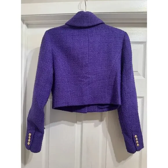 AQUA Purple Cropped Bouclé Blazer Gold Lion Buttons Size M - Picture 3 of 3
